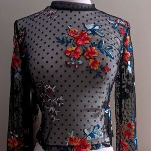High-Neck Sheer Lace Blouse w/ Floral Details!